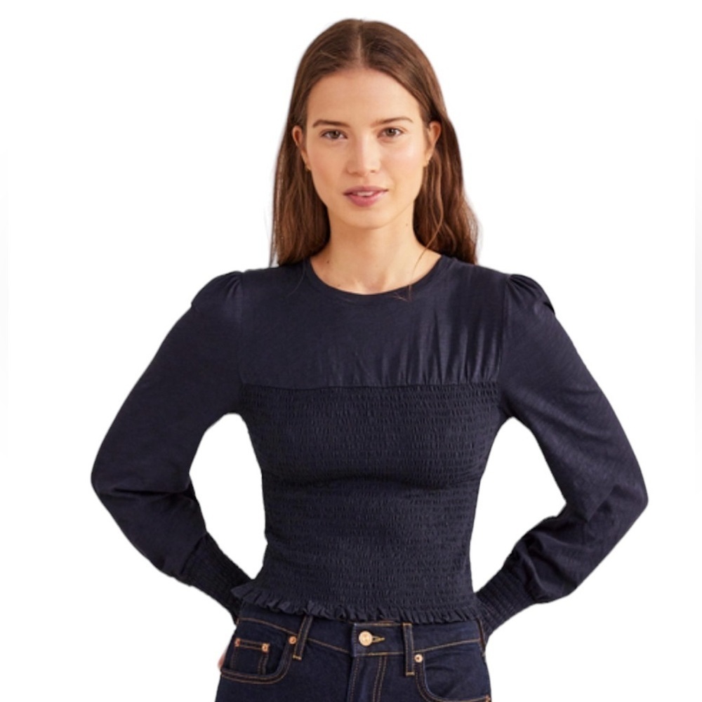 Boden smocked long sleeve navy blue top size 8 US